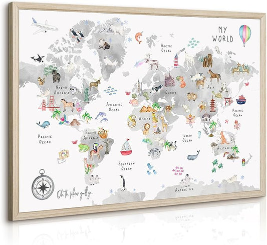 Joocrise Grey Kids World Map Wall Art Animal Map Canvas Wall Art Nursery Wall Decor World Map Poster Childrens Room Decor Playroom Prints Educational Artwork 16x24 Inch Wood Frame