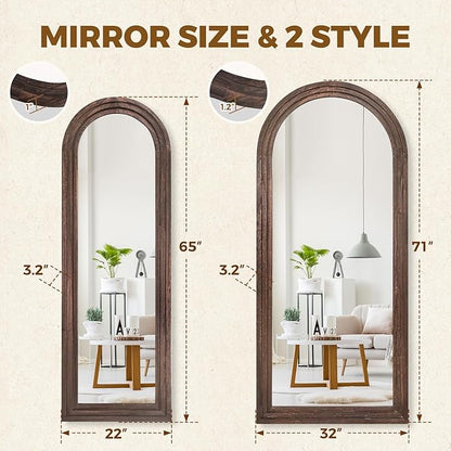 65"x22" Arched Floor Mirror, Solid Wood Full Length Mirror - Free Standing & Wall Mounted - Elegant Design for Bedroom, Dressing Room, Hallway, Brown
