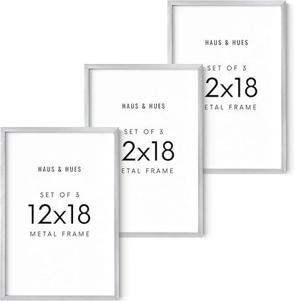 HAUS AND HUES 12x18 Silver Metal Picture Frames - Features Premium Aluminum, Vertical & Horizontal Hang, Shatterproof Plexiglass - Perfect for Home, Room, Office (12x18 in, Silver, Set of 3)