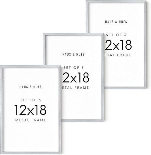 HAUS AND HUES 12x18 Silver Metal Picture Frames - Features Premium Aluminum, Vertical & Horizontal Hang, Shatterproof Plexiglass - Perfect for Home, Room, Office (12x18 in, Silver, Set of 3)