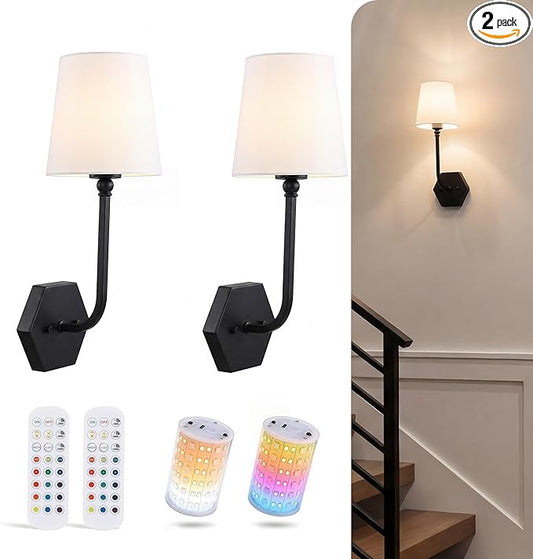CLOUDY BAY 10000mAh Battery Operated Wall Sconces,Up to 100 Hours with Rechargeable RGB Dimmable Magnetic Bulb,Cordless Wall Lighting Fixtures with Remote for Bedroom,Black,2 Pack-17.9in