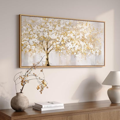 Large Framed Gold Tree Wall Art for Living Room, Neutral Gray White Canvas Painting for Modern and Elegant Home Decor, Golden Tree of Life Artwork for Bedroom Kitchen Dining Room Office, 20x40 Inch