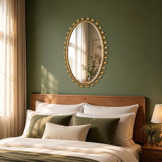 24"x36"Oval Wall Mounted Bathroom Mirror with Beveled Glass, Antique Gold Beaded Ball Frame, Vertical & Horizontal Hanging Vanity Wall Mirror for Bathroom, Bedroom, Entryway, Dressing Room