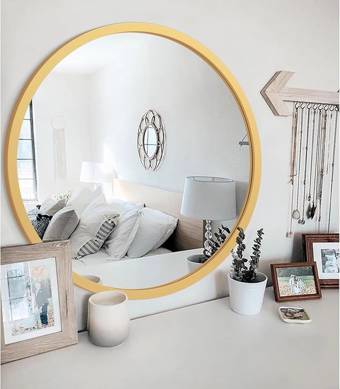 JJUUYOU Wall Mirror 20 Inch Round Wall Mirror for Bathroom Antique Circular Mirrors Washroom Wall Decor Wood Frame Mirrors for Living Room Bedroom Dorm Decorative