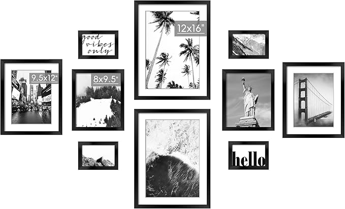ArtbyHannah Gallery Wall Frame Set for Living Room, Multi-Size Black Picture Frames with Landscape Print Pictures, Hanging Wall Art Decor Black Photo Frame for Staircase Decoration (10 Pack)