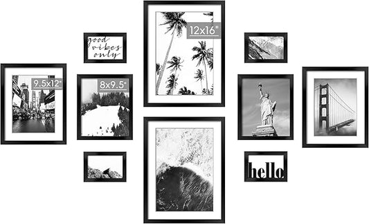 ArtbyHannah Gallery Wall Frame Set for Living Room, Multi-Size Black Picture Frames with Landscape Print Pictures, Hanging Wall Art Decor Black Photo Frame for Staircase Decoration (10 Pack)