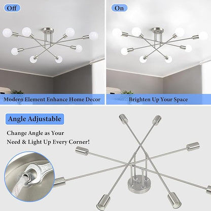 Modern Sputnik Chandelier 8-Light Industrial Ceiling Lights Fixture 32" Brushed Nickel Semi Flush Mount Ceiling Light with E26 Base Sputnik Lights Fixture for Dining Room Bedroom Hallway Living Room