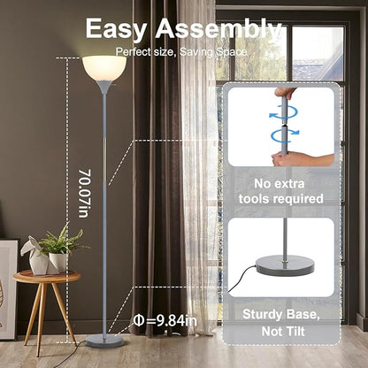 LALISU Floor Lamp, LED Standing Lamp 3 Way Dimmable Brightness Floor Lamp Rotary Switch Floor Lamps Modern Industrial Lamp with Shade, Tall Lamps for Living Room Bedroom Office Dining Room (Grey)