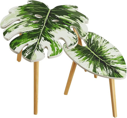 BAMEOS Monstera Leaf Nesting Tables Set of 2, Small Side Tables f Set with Leaf Vein Pattern, Modern Wooden CoffeeTables for Living Room Bedroom Apartment Balcony Yard