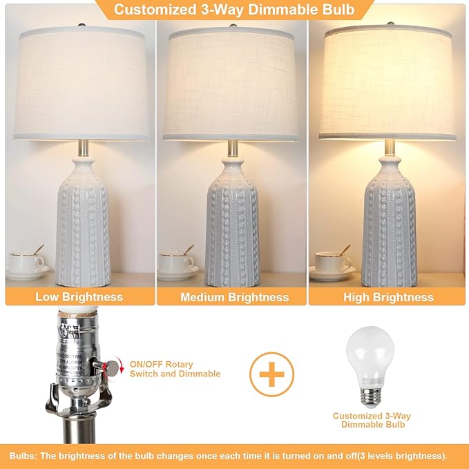 JUNNAI White Ceramic Table Lamp 24.5": 3-Way Dimmable Bedside Lamp with White Drum Slub Shade, Modern Nightstand Lamp for Bedroom & Living Room (Bulb Included)