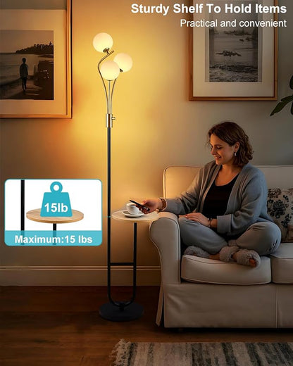 Lightdot Dimmable Gold &Black Floor Lamp with Tray 65IN Mid Century Standing Lamps with Shelf, 3000K Warm White Bulbs Included, Modern Globe Floor Lamp for Living Room/Bedroom/Sofa Beside/Corner Decor