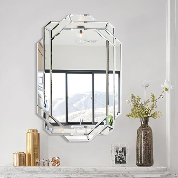 Chende Decorative Wall Mirror with Mirrored Frame, 36" x 24" Octagonal Mirror with Beveled Edge and Glass Pieces for Living Room, Bathroom, Bedroom, Dining Room, Hallway, Unique Design