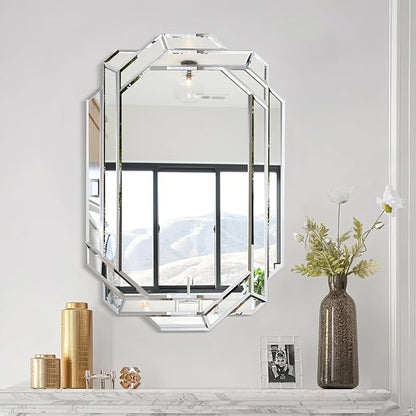 Chende Decorative Wall Mirror with Mirrored Frame, 36" x 24" Octagonal Mirror with Beveled Edge and Glass Pieces for Living Room, Bathroom, Bedroom, Dining Room, Hallway, Unique Design