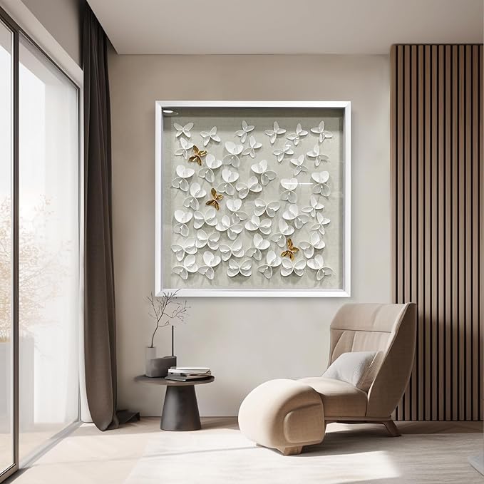 BrightA 3D Textured wall decorations, leather and metal-tinged golden and white metal butterfly wall sculptures, large artworks, gradient colors, modern artworks, suitable for decoration in living rooms and bedrooms (23.6"x23.6", White wooden frame)