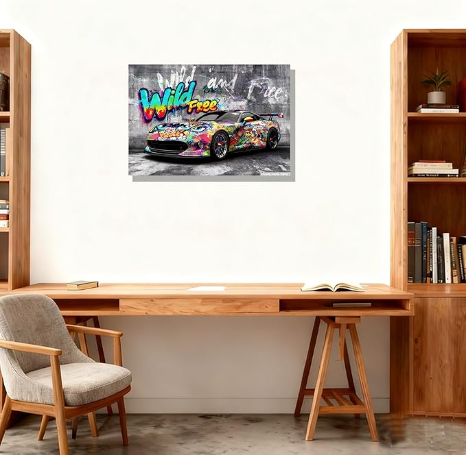 12x16 Modern Graffiti Sports Racing Car Canvas Wall Art Framed Urban Street Painting Car Poster for Teen Boys Room Pop Funny Home Decor Kids Bedroom Cool Posters Living Room Prints