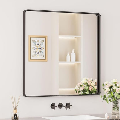 Keonjinn Black Bathroom Mirrors for Over Sink, 30 x 30 Inch Large Rounded Rectangle Bathroom Vanity Mirror, Matte Black Sandblasted Finish, HD Tempered Glass, Seamless Aluminum Alloy Frame Wall Mirror