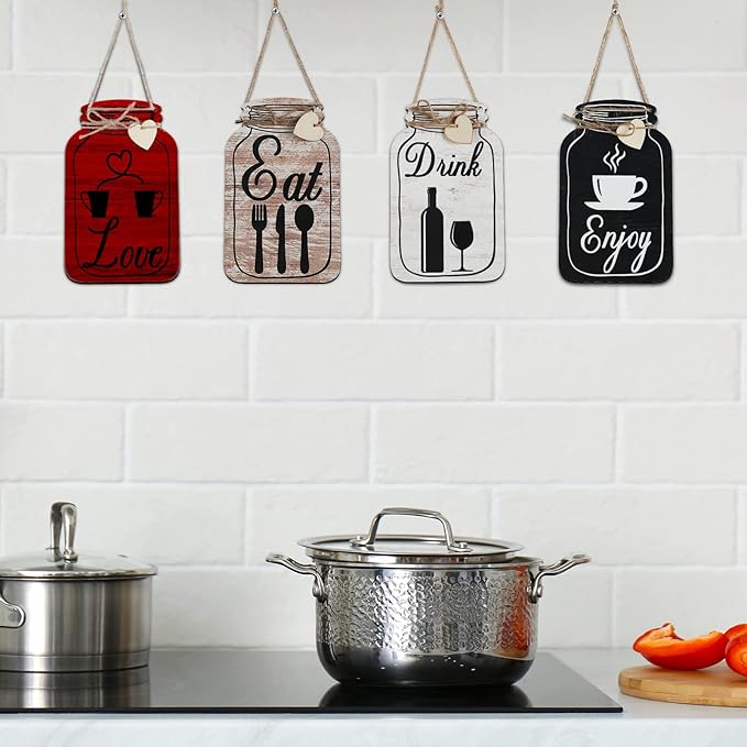 Yalikop 4 Pcs Wooden Kitchen Wall Decor Mason Jar Shaped Eat Drink Enjoy Love Hanging Sign Rustic Home Decor for Farmhouse Dining Room, 8 x 5 Inch(Retro Style,White, Brick Red, Light Brown, Black)