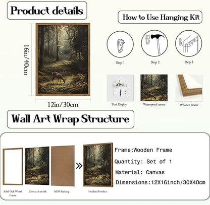 Framed Vintage Forest Deer Canvas Wall Art, Rustic Nature Landscape Paintings Wall Decor, Woodland Animal Pictures Prints Cottagecore Home Decor for Living Room Bedroom Office 12x16 inch