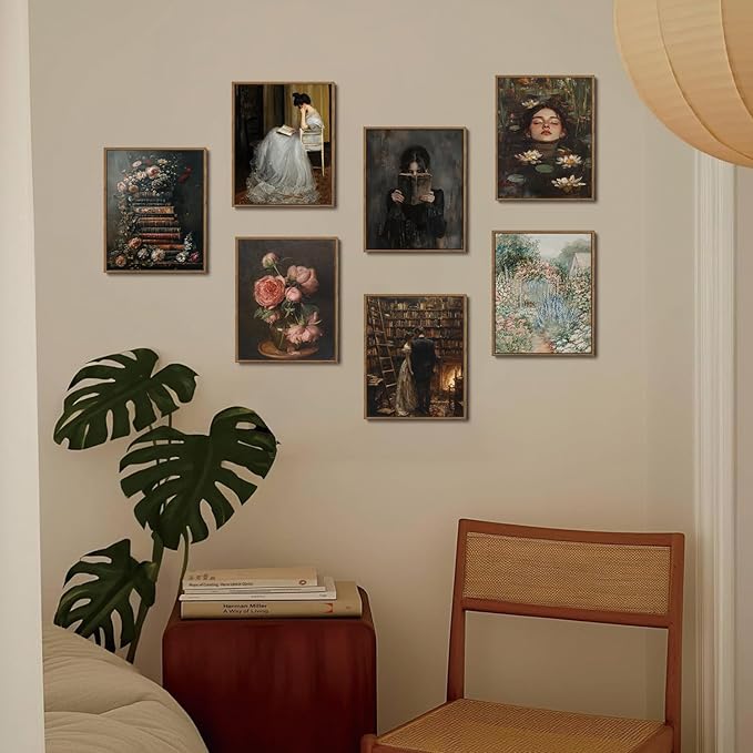 WALLZK Vintage Framed Wall Art Lotus Pool Canvas Prints Woman Portrait Artistic Painting Decor Artwork for Walls Living Room Bedroom Bathroom 8"x10"