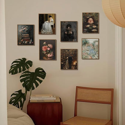 WALLZK Vintage Framed Wall Art Lotus Pool Canvas Prints Woman Portrait Artistic Painting Decor Artwork for Walls Living Room Bedroom Bathroom 8"x10"