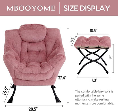 MBOOYOME Lazy Chair with Folding Ottoman, Modern Accent Armchair with Armrests and a Side Pocket & Foldable Footstool, Reading Chair for Living Room, Bedroom & Dorm, Plush Dark Pink