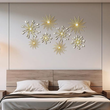 Blulu 8 Pcs Gold Metal Wall Art Cast Iron Starburst Wall Decor Bling Crystal Sculptures Living Room 3D Teardrop Radial Rhinestone Hanging Diamond Accents for Home Office Bedroom Entryway