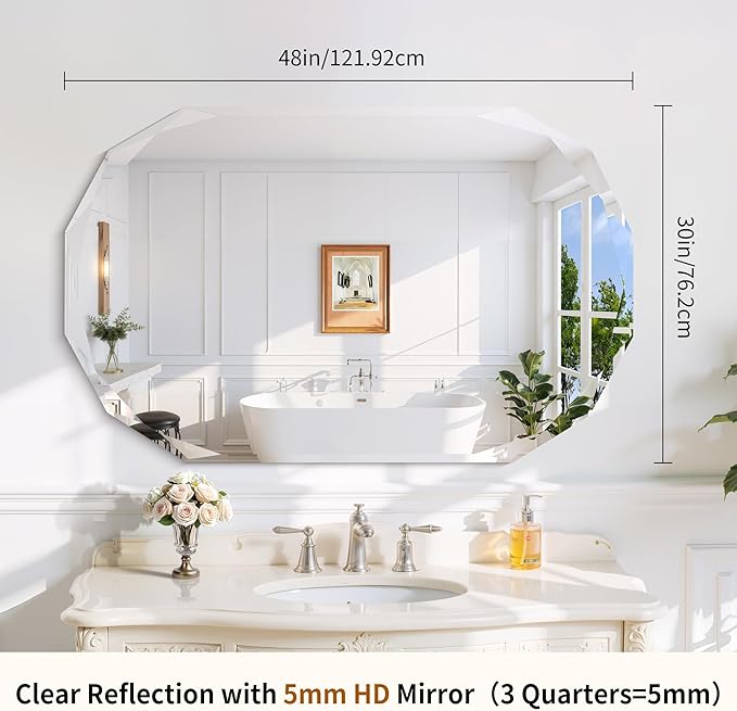 GLASHOM Frameless Bathroom Mirror, 30x48 inch Beveled Bathroom Mirror Wall Mounted, Modern Frameless Mirror for Bathroom, Living Room, Entryway Mirror Horizontal or Vertical