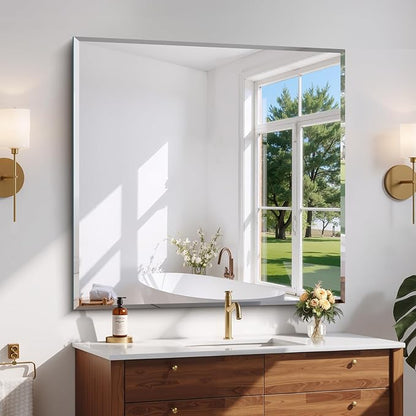 CILIBER Beveled Mirror, 42x42 Inch Frameless Bathroom Mirrors for Wall, 3mm Tempered Glass, Upgraded Shatterproof Square Vanity Mirror Over Sink for Bathroom, Bedroom, Living Room and Entryway