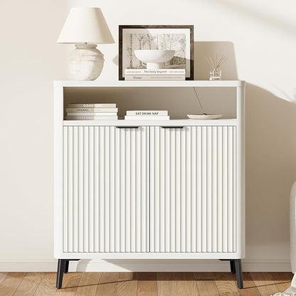 Fatmok Fluted Buffet Cabinet with Storage, 31.4" Wide Wood Sideboard Credenza with 2 Doors & Open Storage Shelf, Modern Coffee Bar Table for Living Room Kitchen Dining Room,White