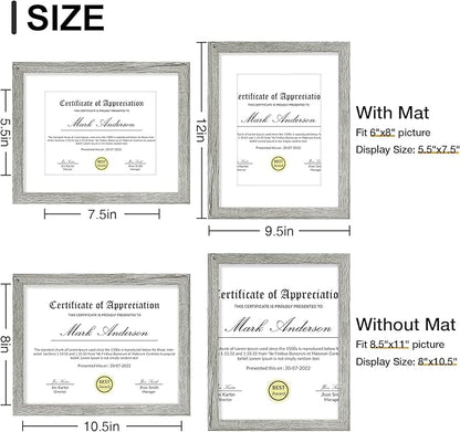 Vittanly 8.5x11 Picture Frames Set of 9, Shatter Resistant Plexiglass, Display 6x8 Pictures with Mat or 8.5x11 without Mat, Photo Frames for Wall or Tabletop, Engineered Wood, Grey