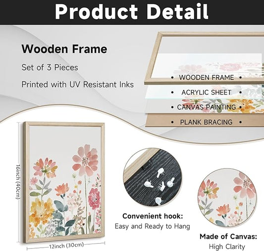 Watercolor Wildflower Wall Art Decor Colorful Flower Pictures Canvas Floral Botanical Wall Art Vintage Prints Poster Floral Painting Artwork for Living Room Bedroom 12x16 Inch Framed Set of 3