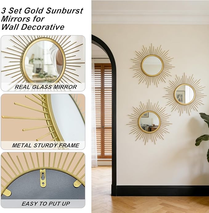 3 Set Sunburst Mirrors for Wall Decor Living Room Bedroom Bathroom Dining Room Metal Boho Sunburst Wall Mirror Set Gold Metal Vintage Circle Art Pack - Gold 11.8 in