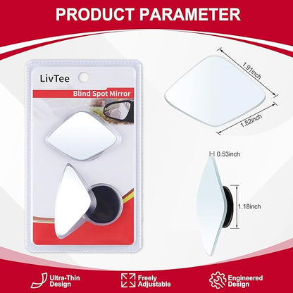 LivTee Blind Spot Mirror，Rhombus Shaped HD Glass Frameless Convex Rear View Mirror with wide angle Adjustable Stick for Cars SUV and Trucks, Pack of 2