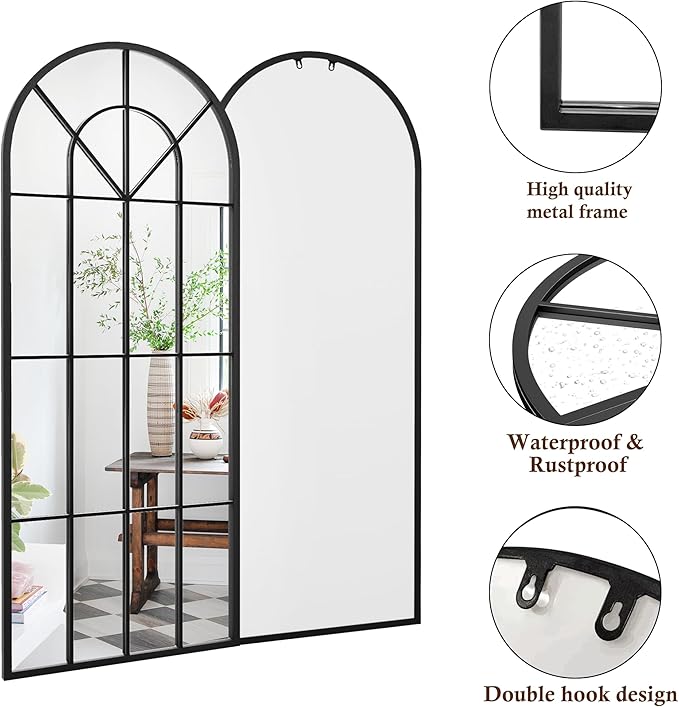 Full Length Mirror, 71"x32" Oversized Floor Mirror Full Length, Large Body Arched Wall Mounted Window Pane Mirrors, Standing Mirrors Hanging or Leaning for Bedroom (Black)