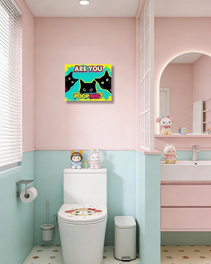 Funny Black Cat Bathroom Canvas Wall Art - Are You Pooping? Colorful Humor Poster for Washroom, 12x16 Inch Framed Graffiti Print for Toilet Restroom, Pop Art Wall Decor, Gifts for Cat Lovers