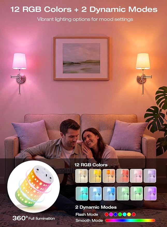 CLOUDY BAY 10000mAh Battery Operated Wall Sconces,Up to 100 Hours with Rechargeable RGB Dimmable Magnetic Bulb,Cordless Wall Lighting Fixtures with Remote for Bedroom,Brushed Nickel,2 Pack-18.6inch