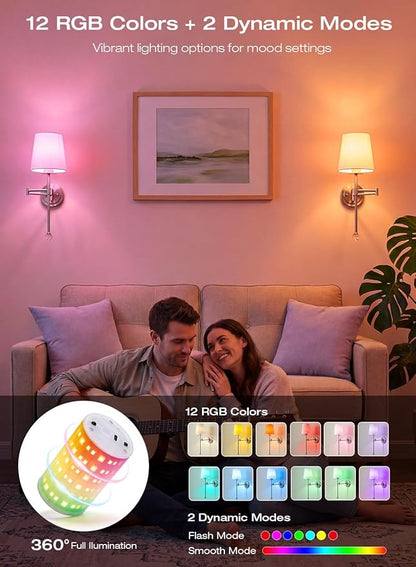 CLOUDY BAY 10000mAh Battery Operated Wall Sconces,Up to 100 Hours with Rechargeable RGB Dimmable Magnetic Bulb,Cordless Wall Lighting Fixtures with Remote for Bedroom,Brushed Nickel,2 Pack-18.6inch