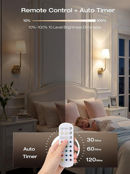 CLOUDY BAY 10000mAh Battery Operated Wall Sconces,Up to 100 Hours with Rechargeable RGB Dimmable Magnetic Bulb,Cordless Wall Lighting Fixtures with Remote for Bedroom,Soft Gold,2 Pack-17.9inch
