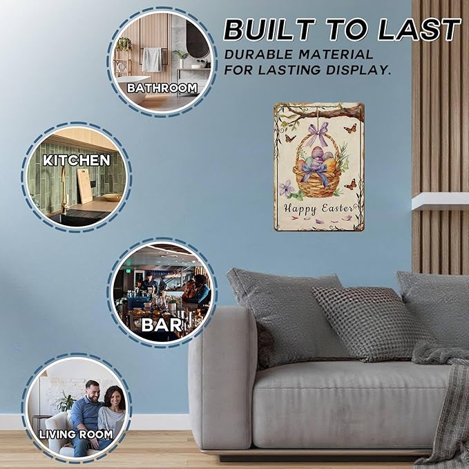 Happy Easter Metal Sign Retro Fun Design Family Party Decor Tin Wall Panel For Home Living Room Kitchen Easter Celebration 12x16Inch