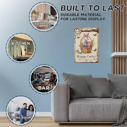 Happy Easter Metal Sign Retro Fun Design Family Party Decor Tin Wall Panel For Home Living Room Kitchen Easter Celebration 12x16Inch