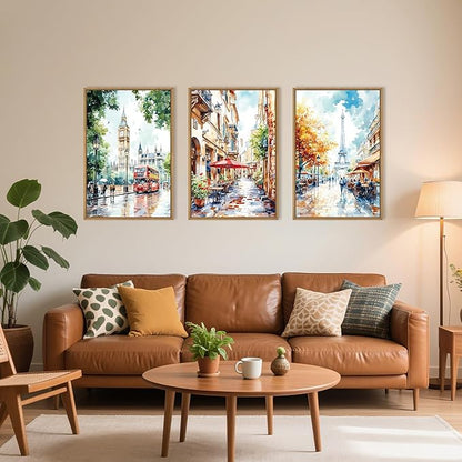 Watercolor European Cityscape Framed Canvas Wall Art Set,London Big Ben & Paris Eiffel Tower Street Scenery Wall Decor,Charming Landscape Artwork for Living Room, Bedroom,Office-24 x36 x3