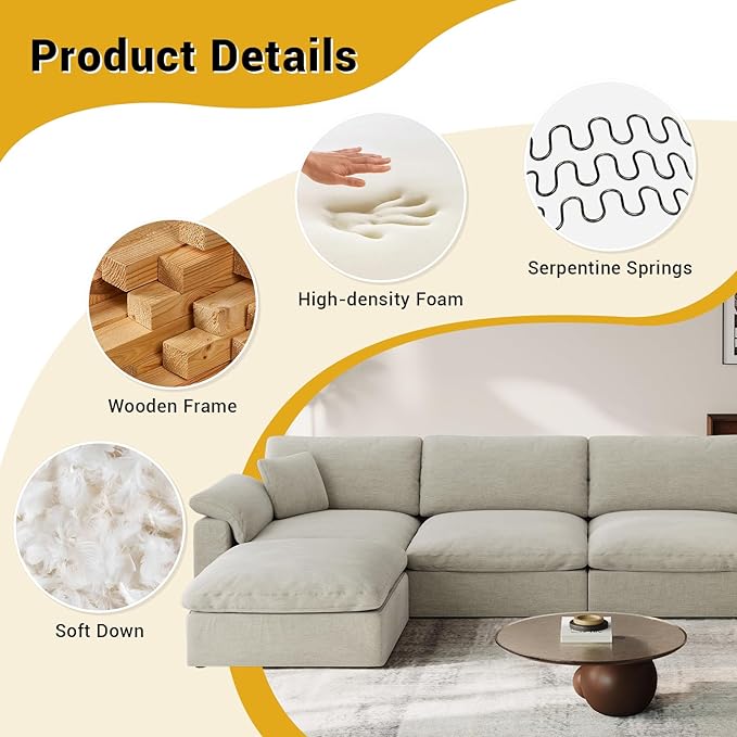 Cloud Modular Couch for Living Room,5 Seat V Shape Linen Blend Sofas,Modern Deep Seat Cloud Sofas,Convertible Comfort Down Filled Sectional Couches,Removable Washable Cushion Covers,Light Biege
