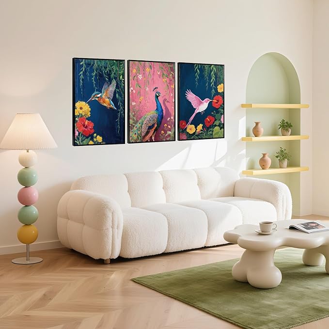 Aurlan Colorful Birds Flowers Framed Wall Art(16"x24"), 3PCS Large Classic Elegance Hummingbird Peacock Canvas Artwork, Vintage Abstract Watercolor Peony Floral Willow Decor for Home Office Bedroom