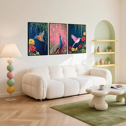 Aurlan Colorful Birds Flowers Framed Wall Art(16"x24"), 3PCS Large Classic Elegance Hummingbird Peacock Canvas Artwork, Vintage Abstract Watercolor Peony Floral Willow Decor for Home Office Bedroom