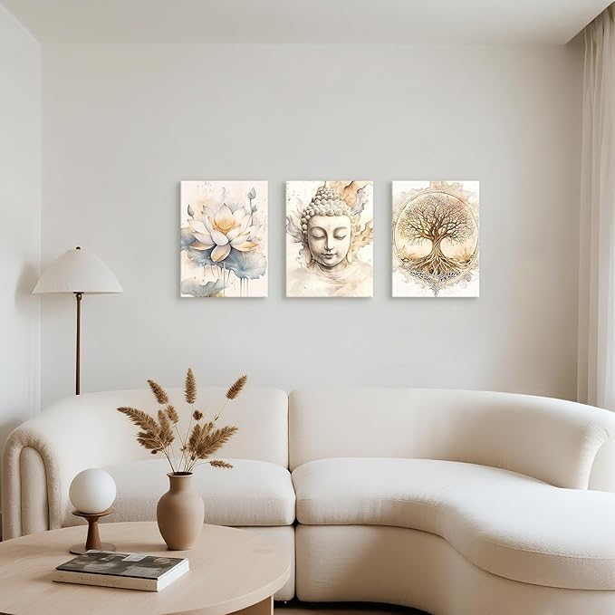 WENGTIAO 3Pcs Zen Canvas Wall Art Prints Beige Tree of Life Wall Paintings Buddha Lotus Pictures Posters Religious Spiritual Meditation Room Decor for Living Room Bedroom Spa Office 12x16x3Pcs