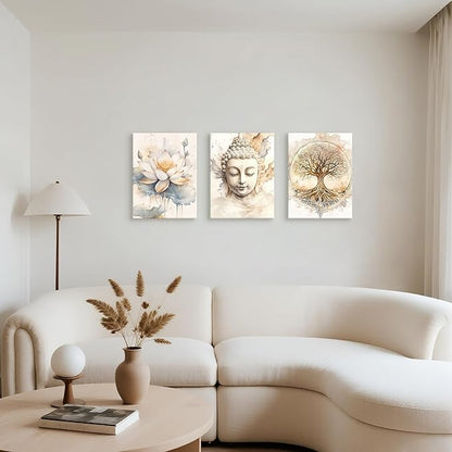WENGTIAO 3Pcs Zen Canvas Wall Art Prints Beige Tree of Life Wall Paintings Buddha Lotus Pictures Posters Religious Spiritual Meditation Room Decor for Living Room Bedroom Spa Office 12x16x3Pcs