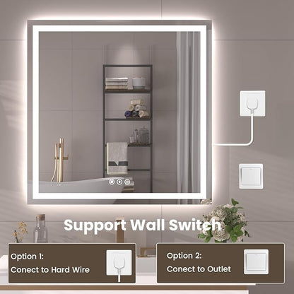 Snowdool 40"X28" LED Bathroom Mirror with Front Lights and Backlit, Anti-Fog, Dimmable, Shatter-Proof Tempered Glass, Lighted Bathroom Vanity Mirror for Wall with 3 Colors, Memory Function
