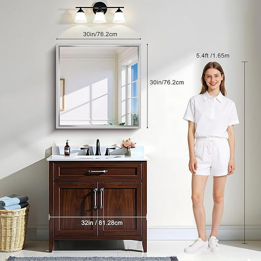 CIRCUMI 30"x30" Brushed Silver Mirror with Chunky Box Metal Frame, Bathroom Mirror for Vanity Remodel & New Home, Living Room, Entryway, Square Wall Mirror, Tempered Glass, Vertical or Horizontal