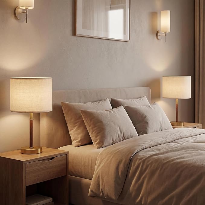 16.5'' Bedside Table Lamps Set of 2, Small Metal Accent Table Lamps with Linen Lampshade, Modern Simple Desk Lamps for Bedroom,Living Room, Office,Desk(Bulbs Included)