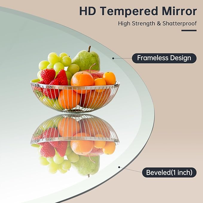 Frameless Round Mirror 24 Inch, Round Mirror with 1 inch Beveled Edge, Beveled Bathroom Mirrors for Vanity, Living Room, Entryways